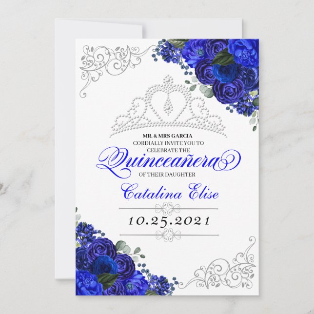 Invitación Elegante Royal Blue Silver Quinceanera Cumpleaños (Anverso)