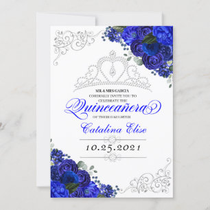 Invitación Elegante Royal Blue Silver Quinceanera Cumpleaños