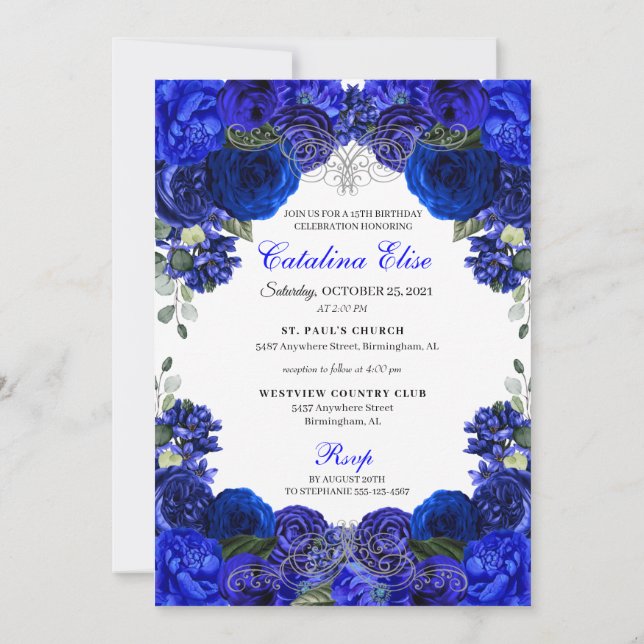 Invitación Elegante Royal Blue Silver Quinceanera Cumpleaños  (Reverso)