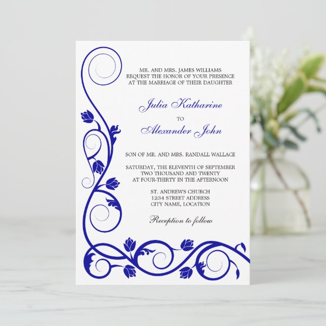 Invitación Elegante Royal Blue Swirls (Anverso de pie)