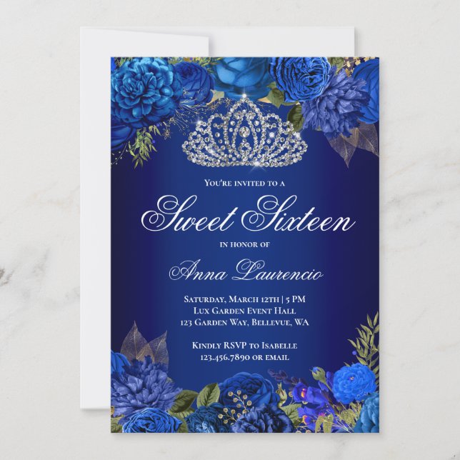 Invitación Elegante Royal Floral Azul Dulce Dieciséis Cumplea (Anverso)