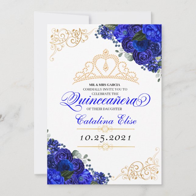 Invitación Elegante Royal Floral Azul Quinceanera Cumpleaños (Anverso)