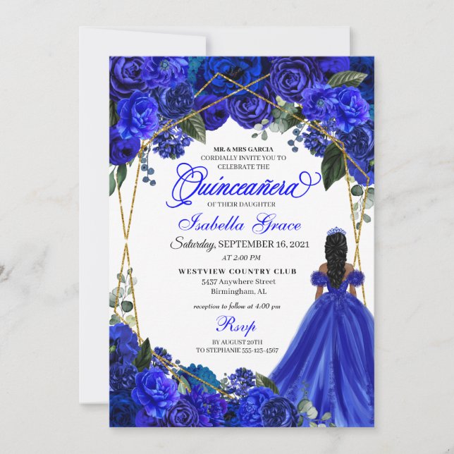 Invitación Elegante Royal Floral Azul Quinceanera Cumpleaños (Anverso)