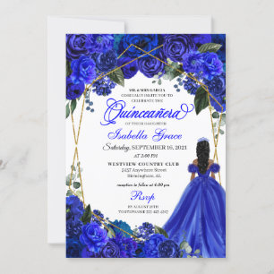 Invitación Elegante Royal Floral Azul Quinceanera Cumpleaños