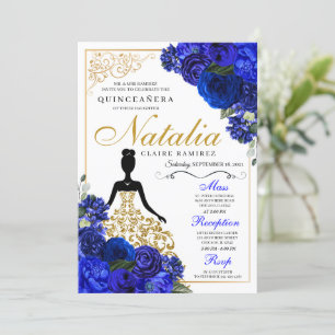 Invitación Elegante Royal Floral Azul Quinceanera Cumpleaños