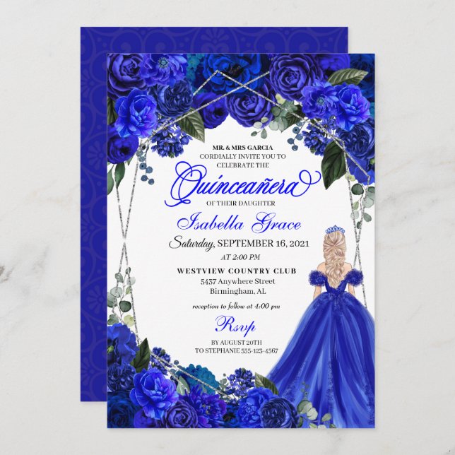 Invitación Elegante Royal Floral Azul Quinceanera Cumpleaños  (Anverso / Reverso)