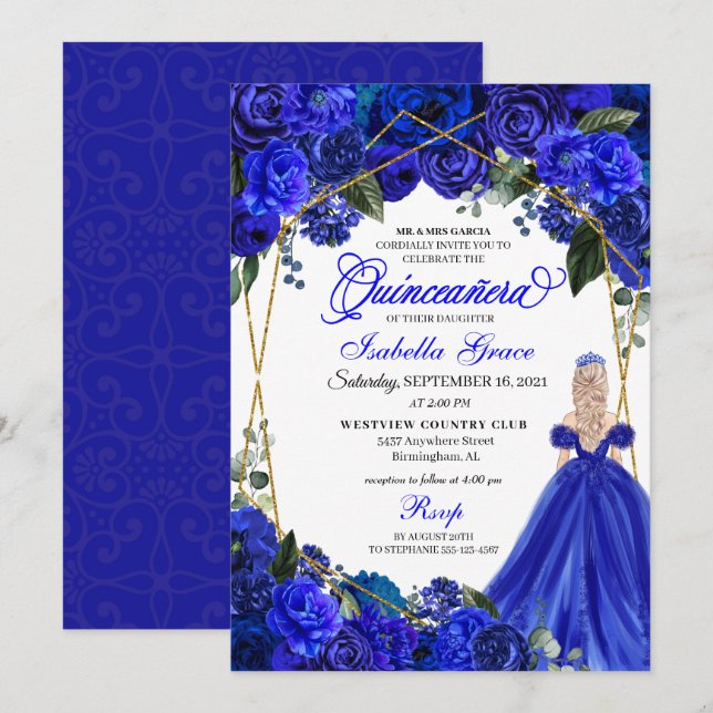 Invitación Elegante Royal Floral Azul Quinceanera Cumpleaños (Anverso / Reverso)