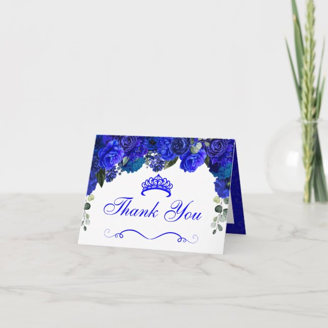 Invitación Elegante Royal Floral Azul Quinceanera Gracias (Anverso)