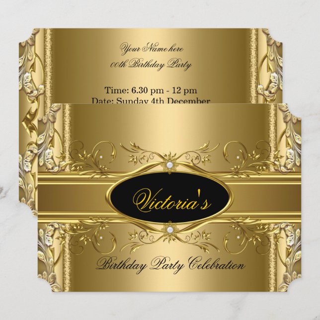 Invitación Elegante Royal Gold Black Birday Party Floral (Anverso / Reverso)