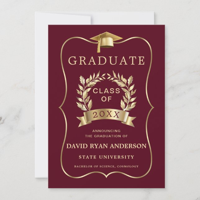 Invitación Elegante Royal Gold Burgundy Graduation Party (Anverso)