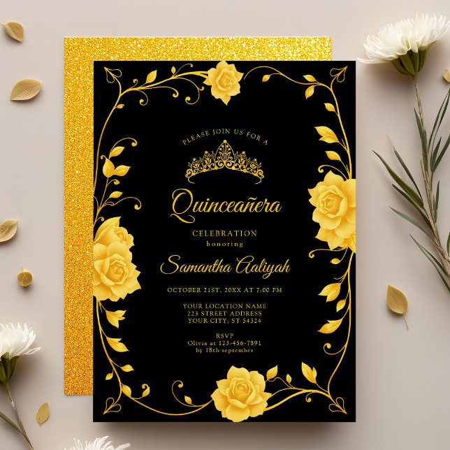Invitación Elegante Royal Golden Floral Quinceañera (Subido por el creador)