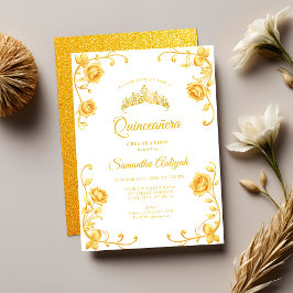 Invitación Elegante Royal Golden Floral Quinceañera