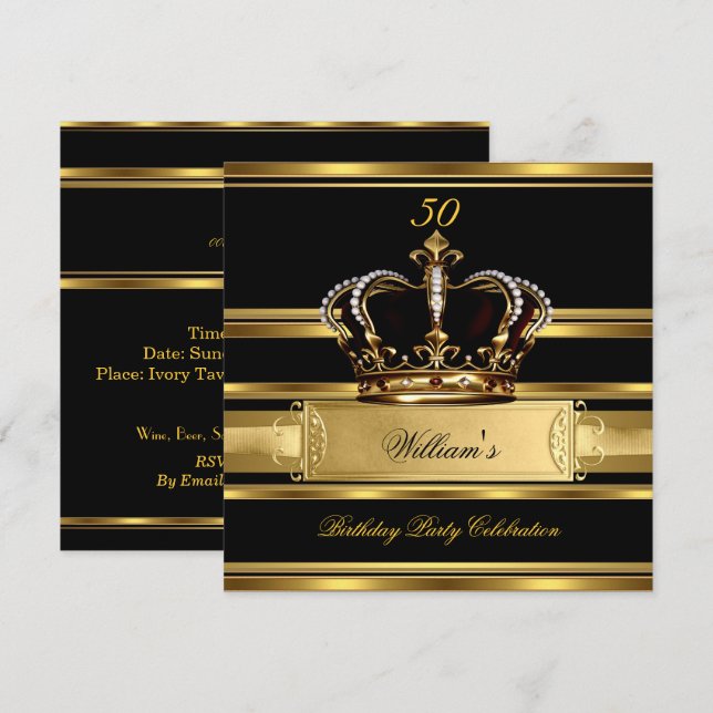 Invitación Elegante Royal Negro Cumpleaños Príncipe Rey 2a (Anverso / Reverso)