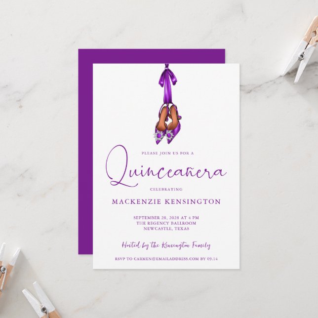 Invitación Elegante Royal Purple Lux High Heels Quinceañera (Anverso/Reverso In Situ)