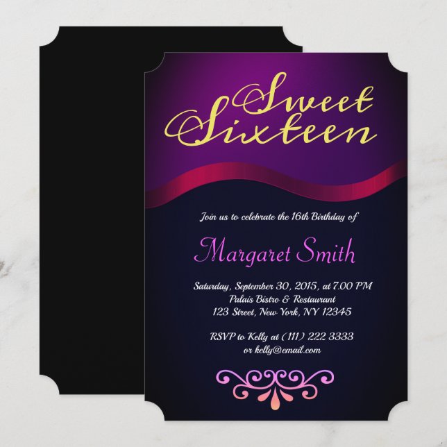 Invitación Elegante Royal Purple Sweet 16 Fiesta Invite (Anverso / Reverso)