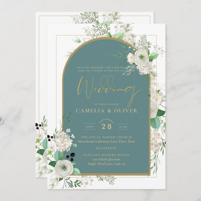 Invitación Elegante RSVP de boda todo en uno con rosas blanca (Anverso / Reverso)