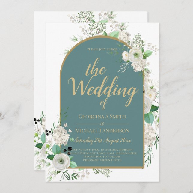 Invitación Elegante RSVP de boda todo en uno con rosas blanca (Anverso / Reverso)