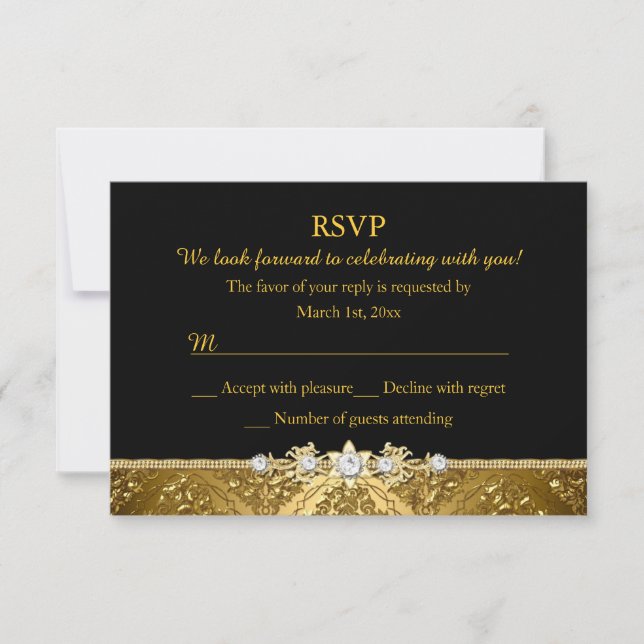 Invitación Elegante RSVP de Damask negro y dorado (Anverso)