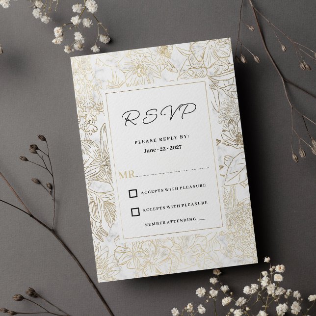 Invitación Elegante RSVP de mármol gris dorado blanco (Elegant white gold gray marble floral RSVP)