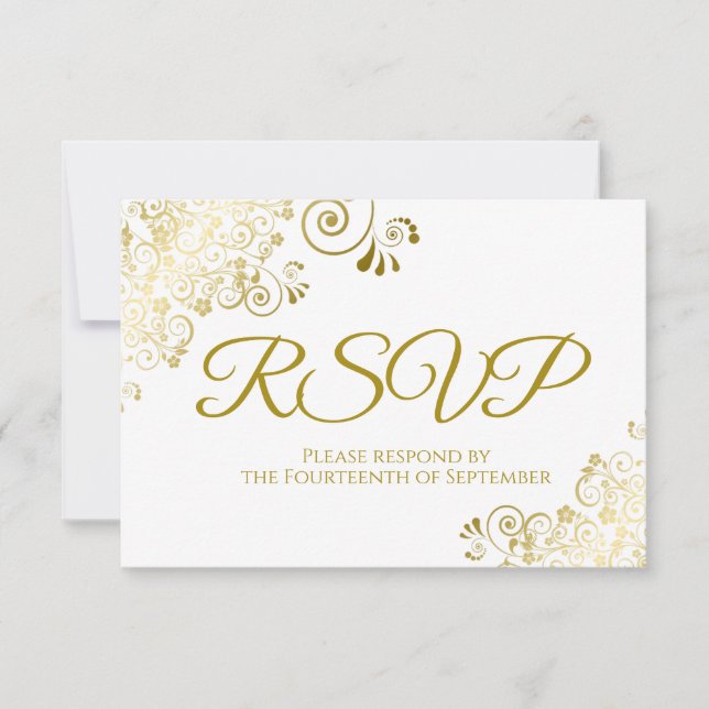 Invitación Elegante RSVP de Oro y Boda Blanca descargable (Anverso)