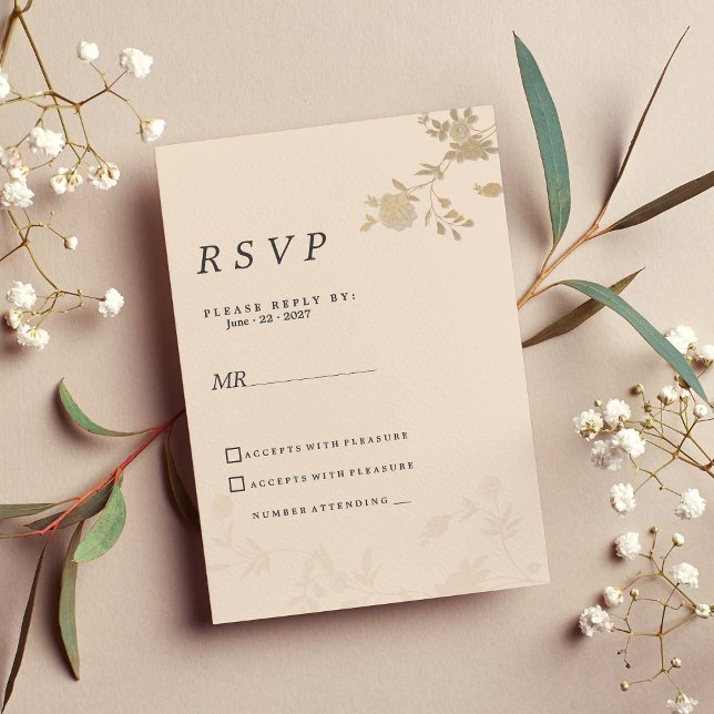 Invitación Elegante RSVP floral de melocotón dorado (Elegant gold blush peach romantic floral RSVP)