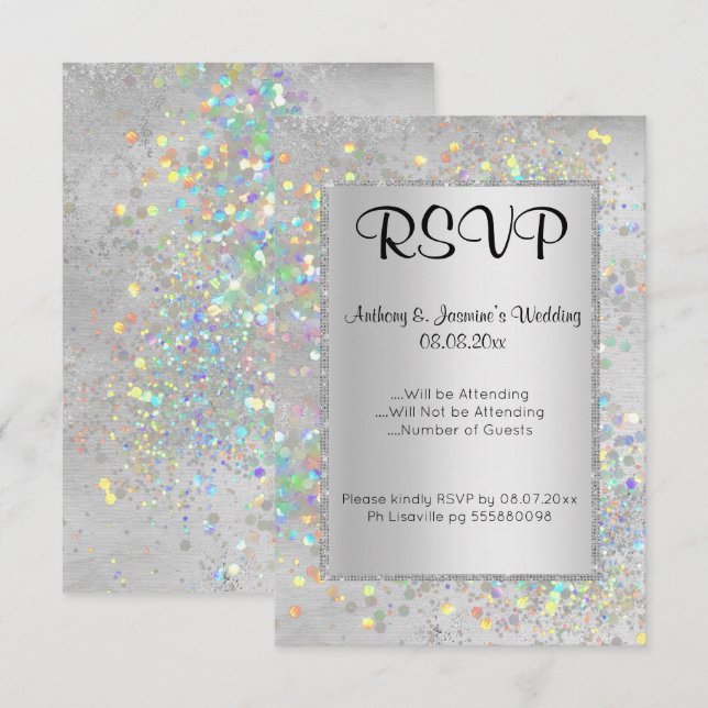 INVITACIÓN ELEGANTE RSVP FOLOGRÁFICA DE MÁRMOL DE PLATA (Anverso / Reverso)