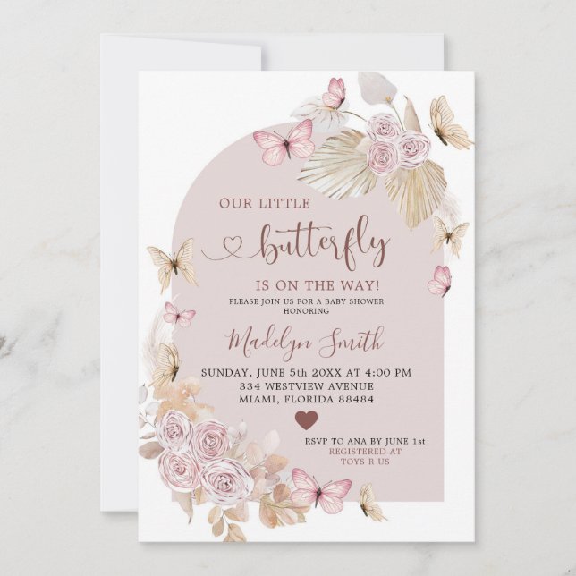 Invitación Elegante Rubor bohemio y Baby Shower mariposa (Anverso)