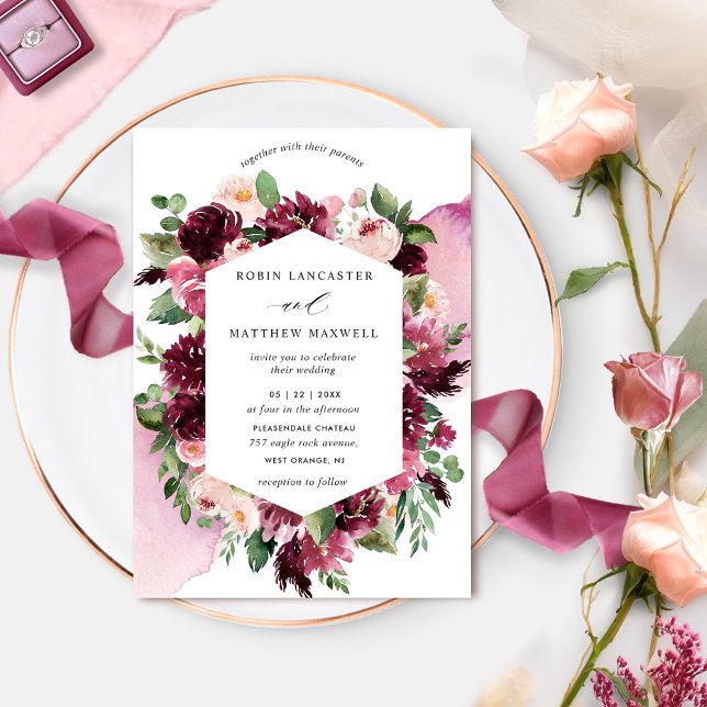 Invitación Elegante Rubor Borgoña y floral geométrica rosa (Subido por el creador)