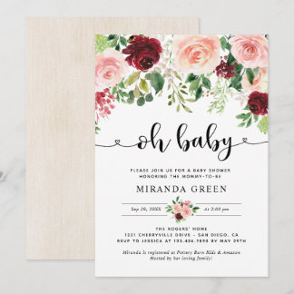 Invitación Elegante Rubor Burgundy Floral Baby Shower