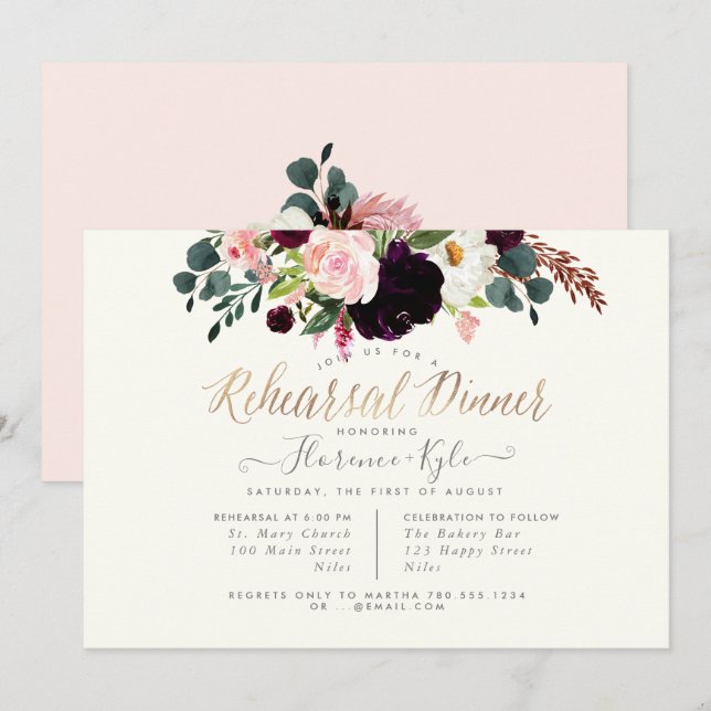 Invitación Elegante Rubor Burgundy Flowers Ensayo Cena (Anverso / Reverso)