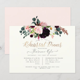 Invitación Elegante Rubor Burgundy Flowers Ensayo Cena