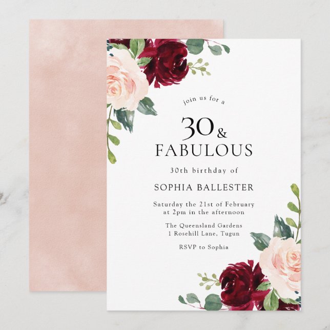 Invitación Elegante Rubor & Burgundy Watercolor 30 cumpleaños (Anverso / Reverso)
