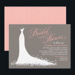Invitación Elegante Rubor cálido Boda gris vestido de novia<br><div class="desc">Elegante invitación a la ducha de novia para el elegante noviazgo incluye un adorno con letra de guión de caligrafía y un vestido de boda. Los detalles del desplazamiento florecen, flor y mariposa acentúan el vestido etéreo. Color blanco, negro / rosa de coral y colores cálidos de diseño gris de...</div>