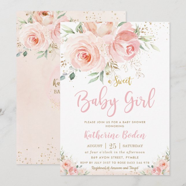 Invitación Elegante Rubor Chica de oro floral rosa Baby Showe (Anverso / Reverso)