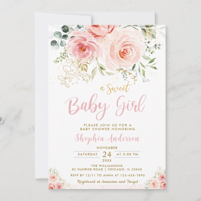 Invitación Elegante Rubor Chica de oro floral rosa Baby Showe (Anverso)