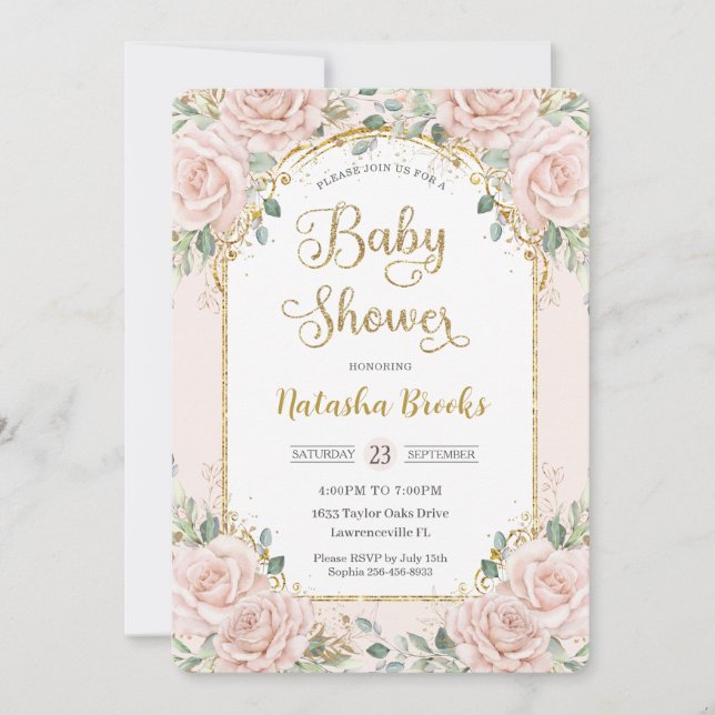 Invitación Elegante Rubor Chica floral rosa Baby Shower (Anverso)