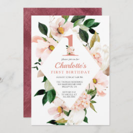 Invitación Elegante Rubor color rosa primer cumpleaños