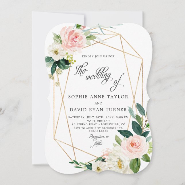 Invitación Elegante Rubor Cream Flowers Gold Frame Boda (Anverso)
