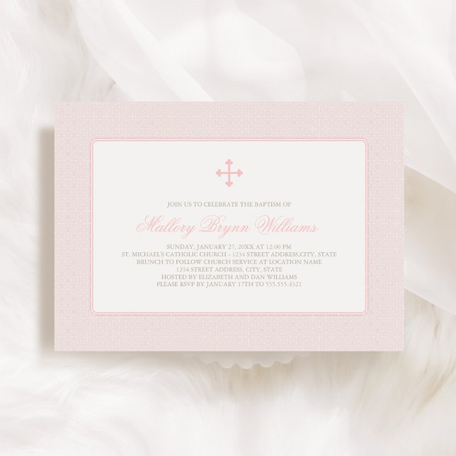 Invitación Elegante Rubor Cruz Rosa Patrón Bebé Baptismo (Subido por el creador)