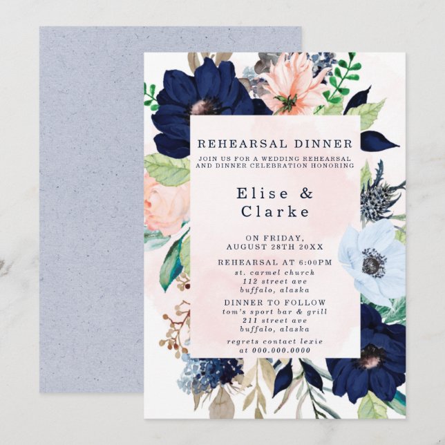 Invitación Elegante Rubor de la Marina Pink Florals Ensayo Ce (Anverso / Reverso)
