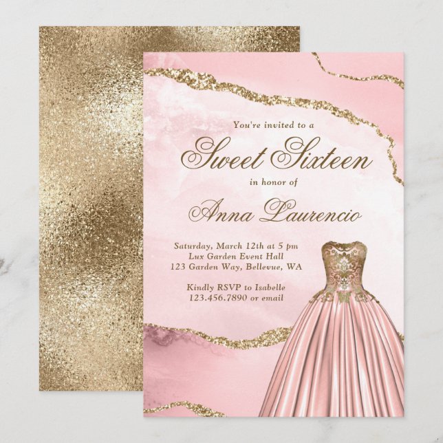 Invitación Elegante Rubor de lujo dorado rosado dulce de márm (Anverso / Reverso)