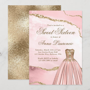 Invitación Elegante Rubor de lujo dorado rosado dulce de márm
