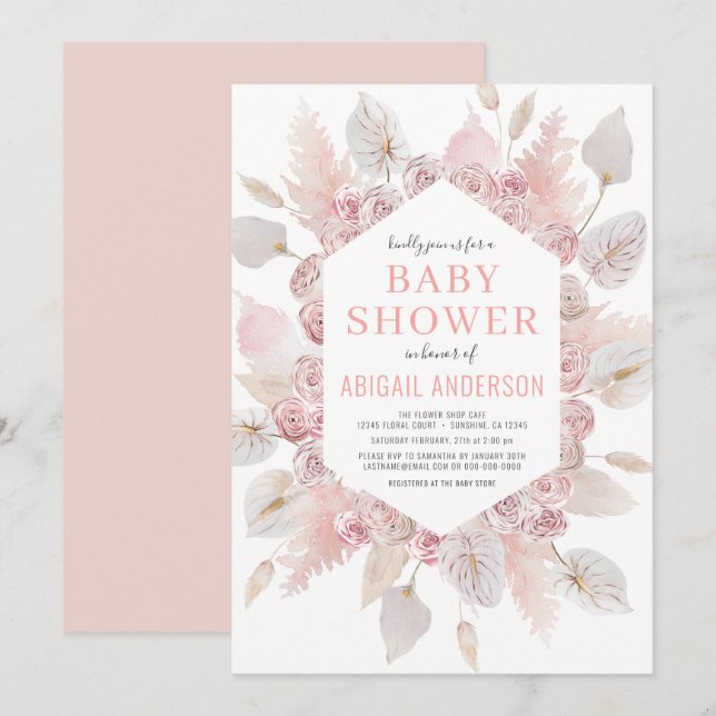 Invitación Elegante Rubor Elegante para Baby Shower de Boho P (Anverso / Reverso)