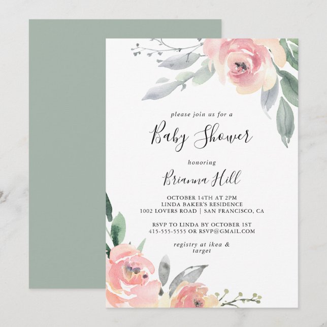 Invitación Elegante Rubor Floral Baby Shower rosa (Anverso / Reverso)