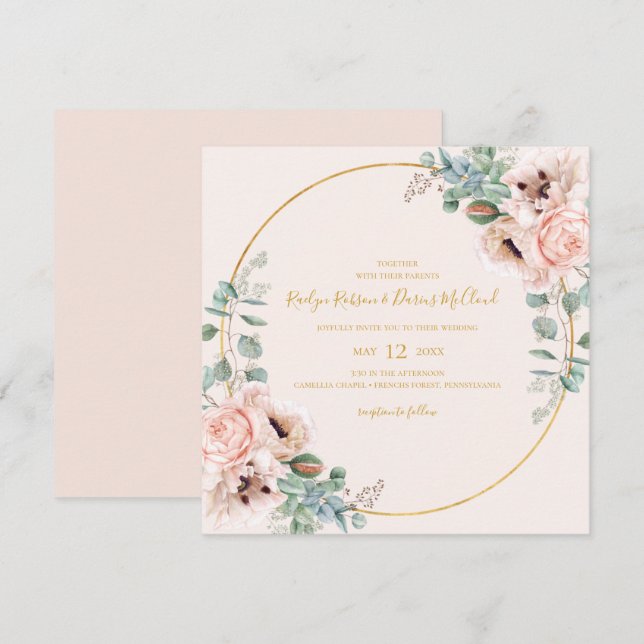 Invitación Elegante Rubor Floral | Boda de Pastel Square (Anverso / Reverso)