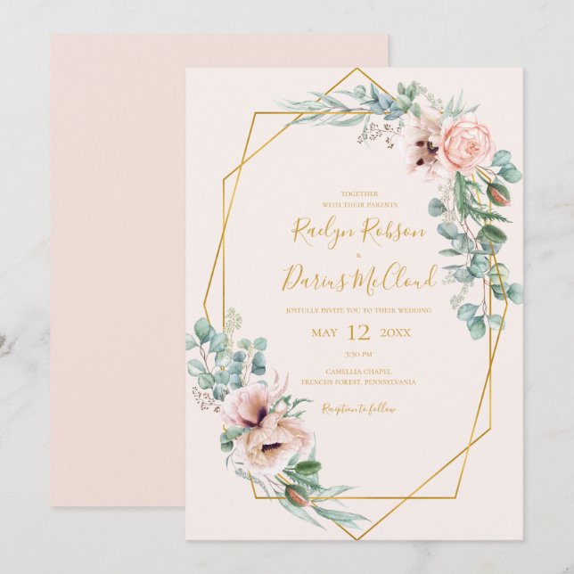 Invitación Elegante Rubor Floral | Boda Pastel Casual (Anverso / Reverso)