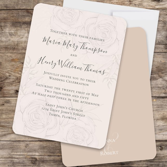 Invitación Elegante Rubor Floral Boda Script Formal (Blush floral wedding invitation with a nude beige back.)