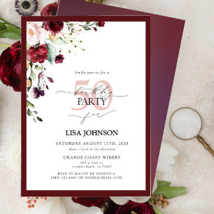Invitación Elegante Rubor Floral Borgoña 50 cumpleaños