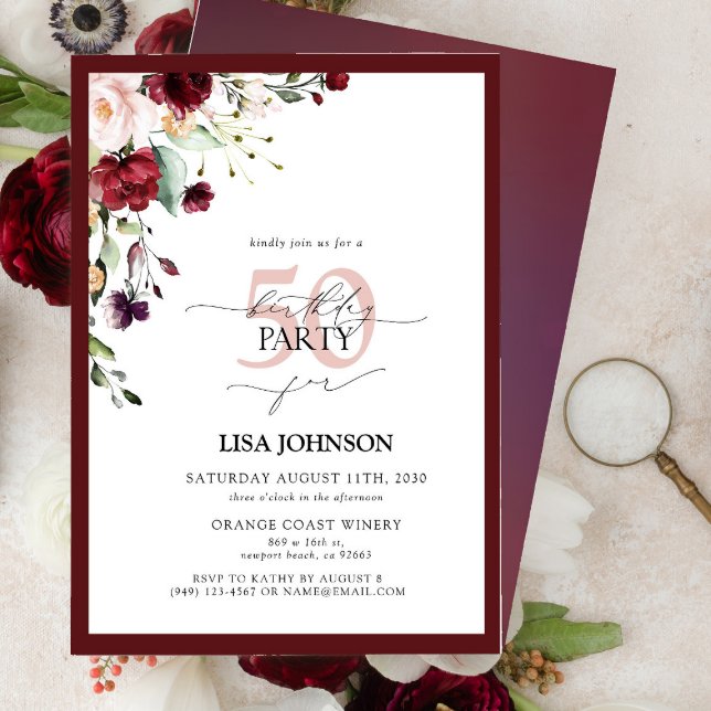 Invitación Elegante Rubor Floral Borgoña 50 cumpleaños (Subido por el creador)