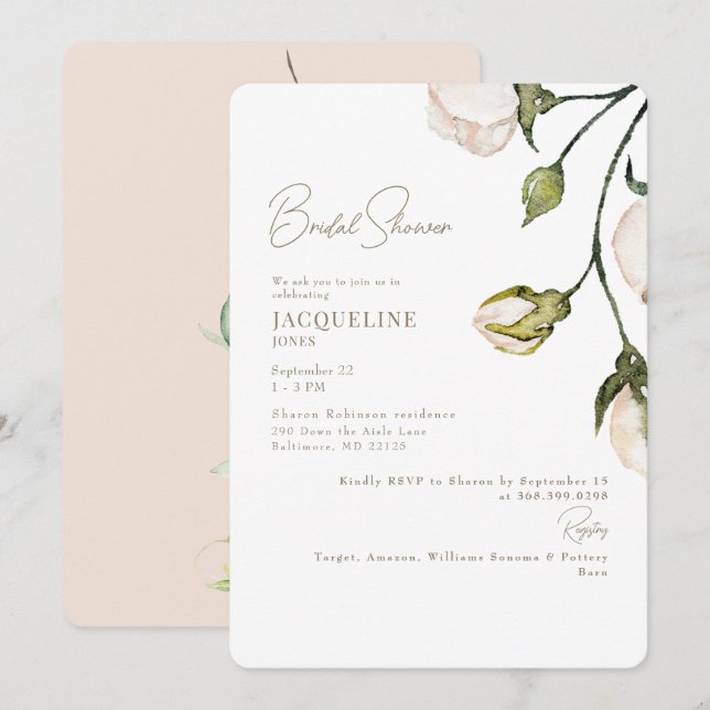 Invitación Elegante Rubor Floral Botanical Bridal Shower (Anverso / Reverso)